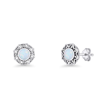 Sunflower Stud Earring 8.8mm Lab Created White Opal Oxidized 925 Sterling Silver Wholesale